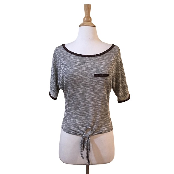 Tops - Studded Trim Tie Front Soft Marled Knit Tee